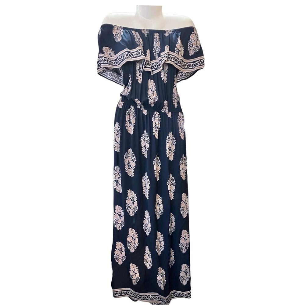 Kori America Women's Navy/Tan/White Floral Off-The-Shoulder Maxi Dress | Size L - Picture 3 of 12